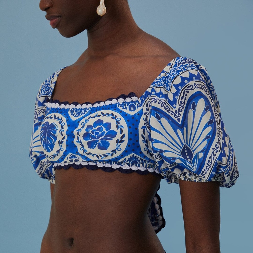 Farm Rio Tile Dream Puff Sleeve Bikini Top - Picture 3 of 12